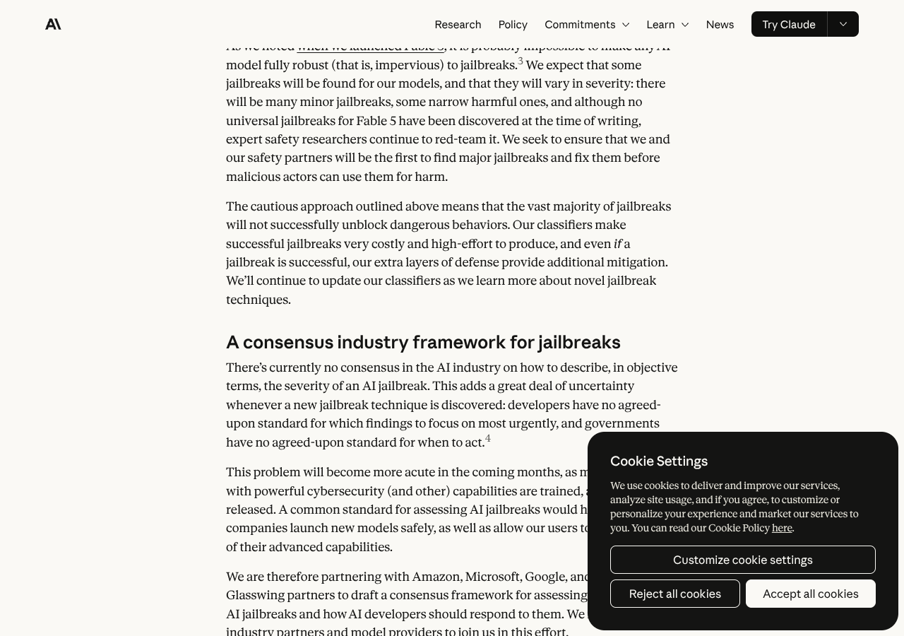 Screenshot of the Anthropic 'Redeploying Fable 5' announcement page (anthropic.com/news/redeploying-fable-5, captured 2026-07-02), showing the section heading 'A consensus industry framework for jailbreaks' and the opening paragraph that motivates the four-dimension scoring proposal.