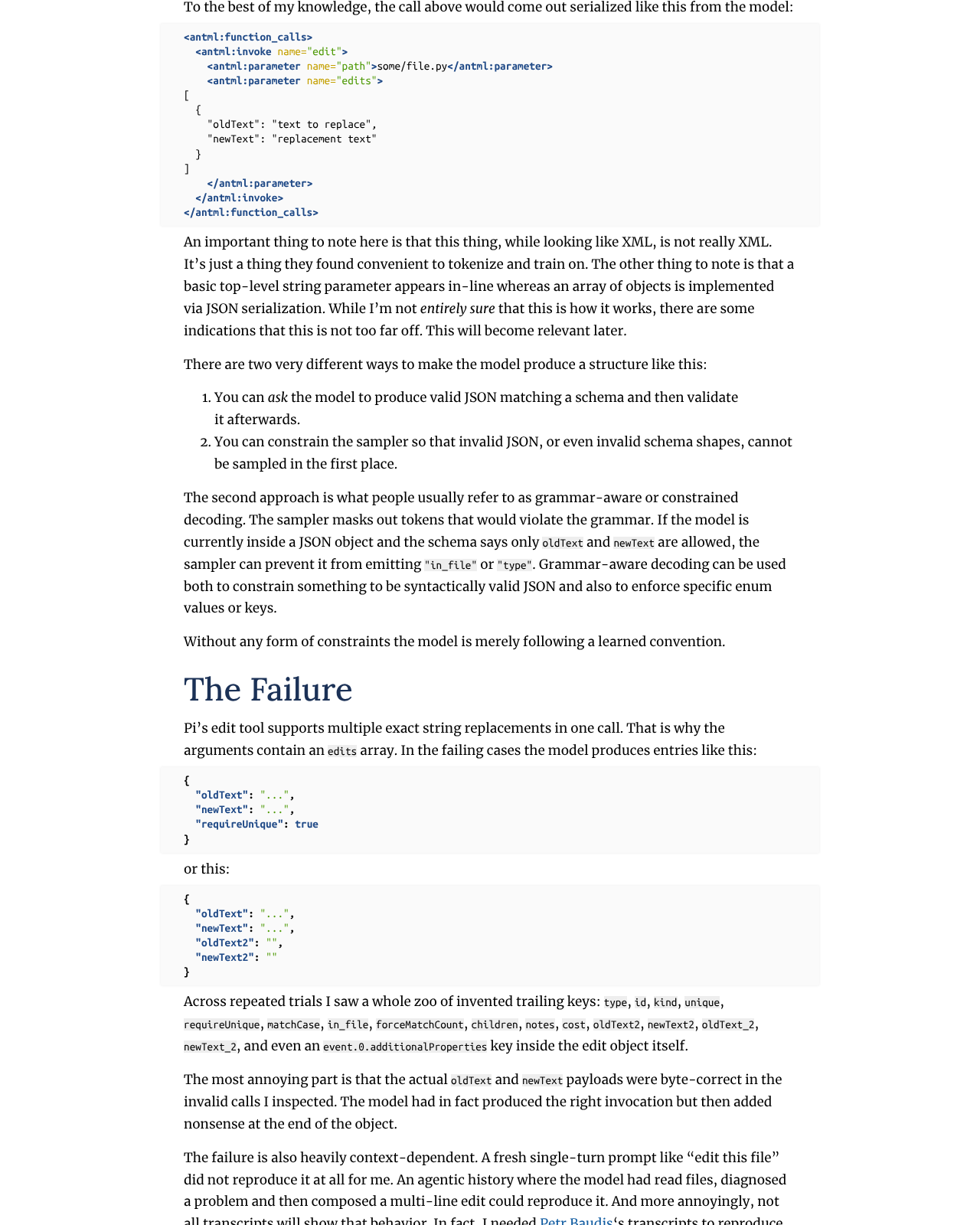 Screenshot of the 'The Failure' section of Armin Ronacher's blog post showing two invented-key JSON examples (requireUnique, oldText2, newText2) and the bulleted list of trailing keys Claude Opus 4.8 and Sonnet 5 produced against Pi's edit tool schema (pocoo.org, 2026-07-04).