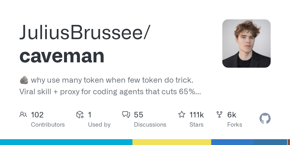 caveman open-source repository social preview card showing the '74,940 stars' badge and the JuliusBrussee avatar