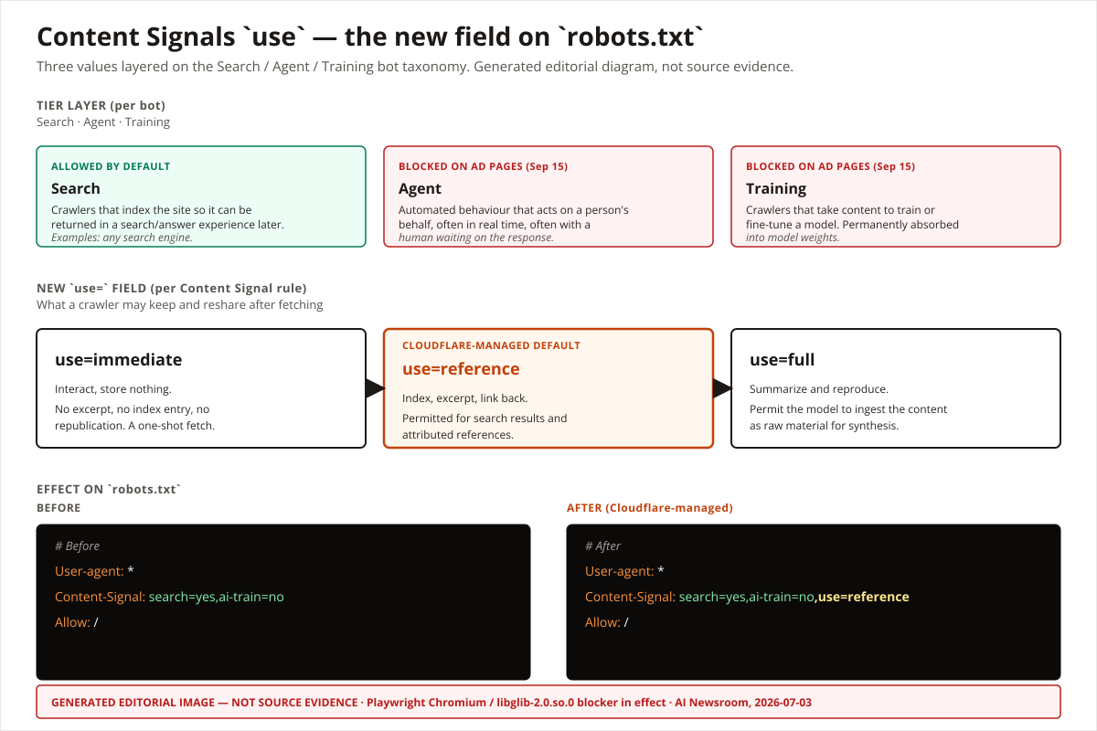 Generated editorial diagram of the Content Signals `use` extension: a tier layer of Search (allowed by default) and Agent and Training (blocked on ad pages from Sep 15), with a horizontal flow of the new use=immediate, use=reference (Cloudflare-managed default), and use=full values, and a before/after robots.txt block showing the added use=reference directive.