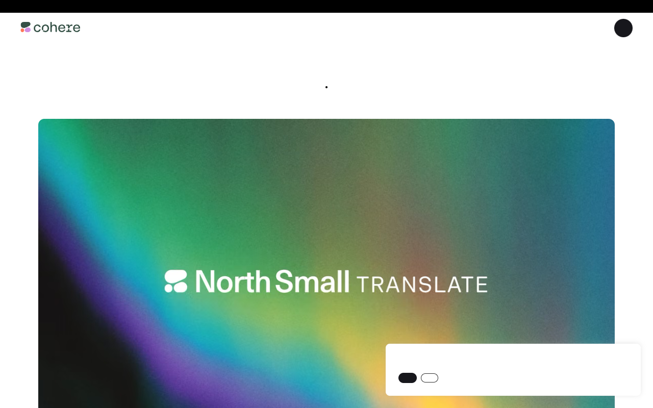 Screenshot of the Cohere blog post announcing North Small Translate, showing the model card and WMT26 benchmark comparison chart
