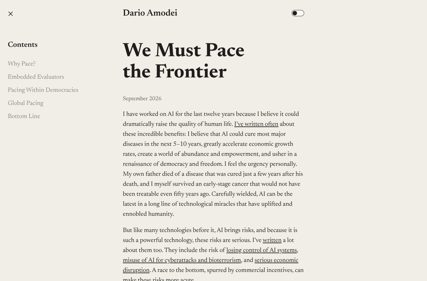 Screenshot of Dario Amodei's essay page "We Must Pace the Frontier" (darioamodei.com), showing the title, the September 2026 date, a contents sidebar (Why Pace?, Embedded Evaluators, Pacing Within Democracies, Global Pacing, Bottom Line) and the opening paragraph.