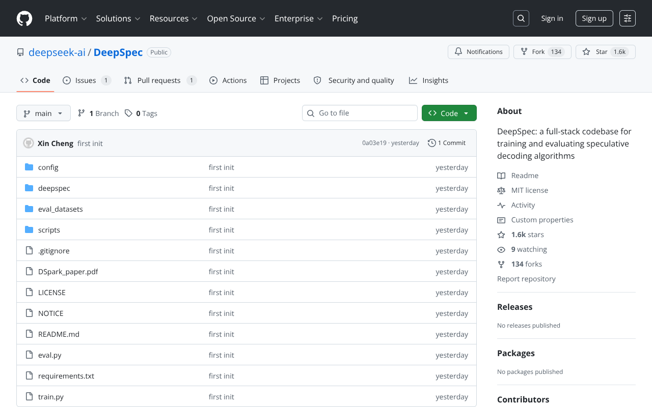 Screenshot of the deepseek-ai/DeepSpec GitHub repository landing page on 2026-06-28, showing the README's 'Supported Algorithms' line naming DSpark, DFlash, and Eagle3, the MIT license badge, the 1,546-star / 128-fork counts, the 8-GPU hardware assumption, the 38 TB target-cache storage warning for the Qwen3-4B default, and the nine-evaluation-benchmark set (gsm8k, math500, aime25, humaneval, mbpp, livecodebench, mt-bench, alpaca, arena-hard-v2).