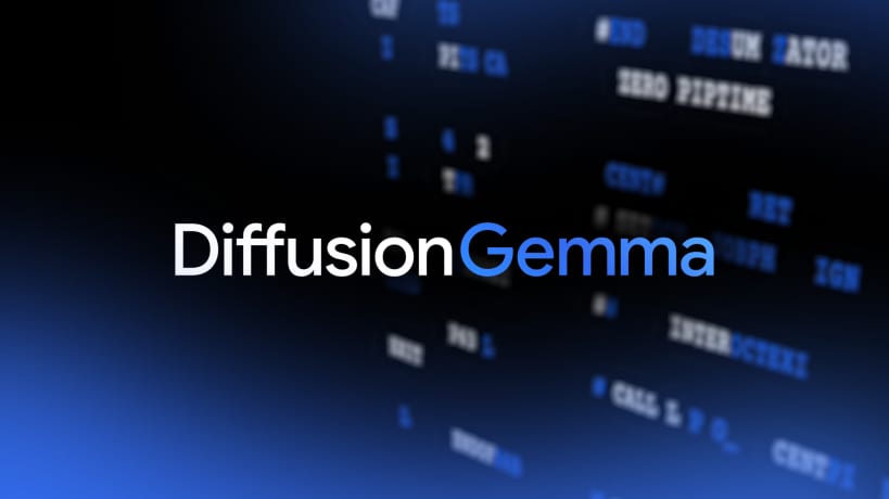 DiffusionGemma social card showing the text-diffusion approach with a Gemma 4 base and parallel token generation