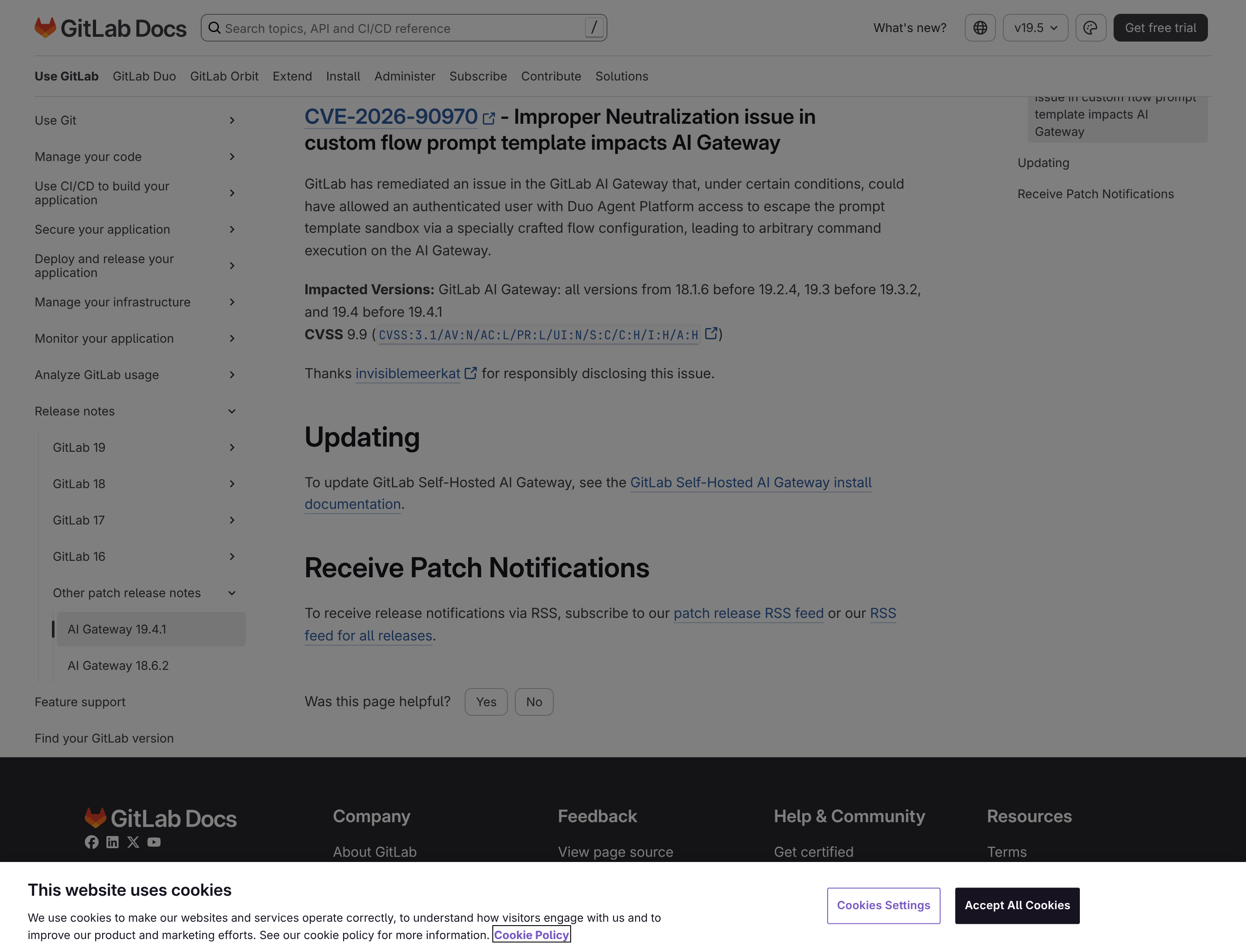 The CVE-2026-90970 section of the GitLab advisory, showing the affected-version line 'all versions from 18.1.6 before 19.2.4, 19.3 before 19.3.2, and 19.4 before 19.4.1' and the CVSS 9.9 vector