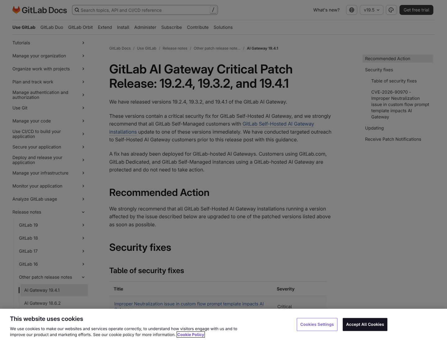 GitLab Docs page titled 'GitLab AI Gateway Critical Patch Release: 19.2.4, 19.3.2, and 19.4.1', showing the recommended-action paragraph and the critical-severity security-fix table entry for CVE-2026-90970
