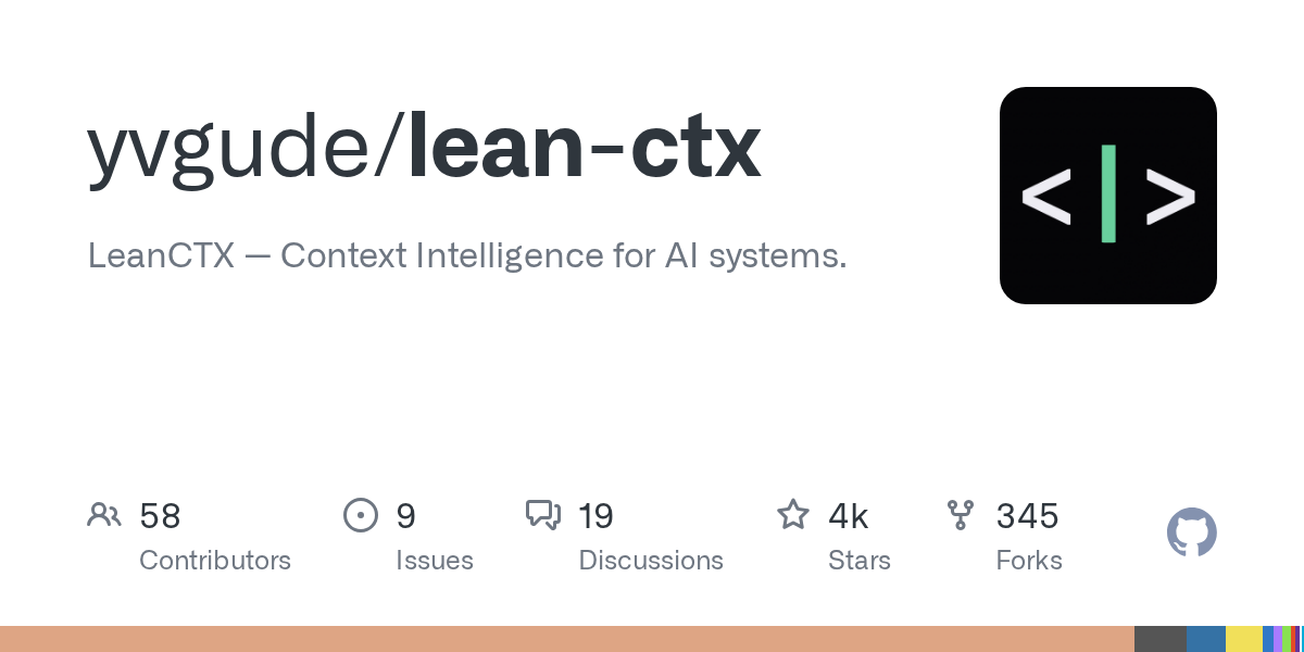 GitHub OpenGraph social preview for yvgude/lean-ctx showing the LeanCTX ASCII logo and repository description