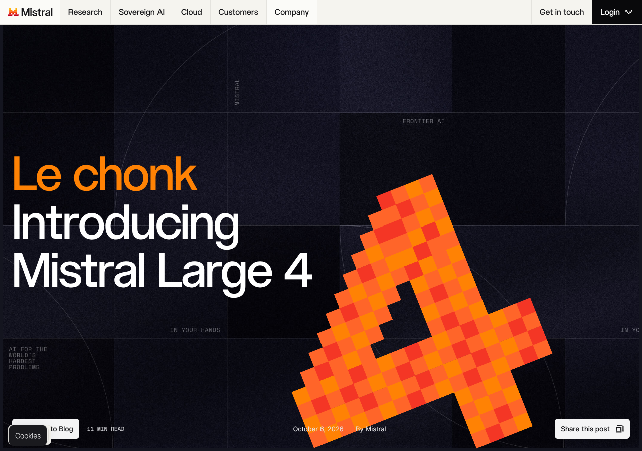 Screenshot of Mistral's "Introducing Mistral Large 4" announcement page showing the dark hero artwork with the title "Le Chonk / Introducing Mistral Large 4" and the October 6, 2026 date.