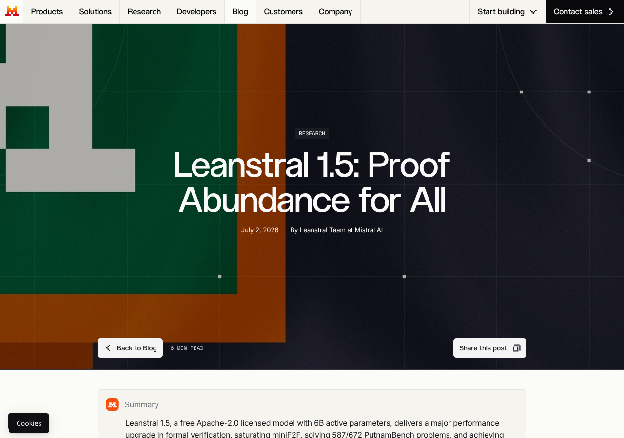 Screenshot of the Mistral AI blog post "Leanstral 1.5: Proof Abundance for All" (July 2, 2026, by the Leanstral Team at Mistral AI), with the cover image and the article's opening summary describing a free Apache-2.0 6B-active MoE model that saturates miniF2F, solves 587/672 PutnamBench problems, and hits 87% / 34% on FATE-H and FATE-X.