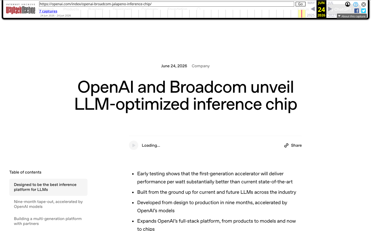 Screenshot of the OpenAI 'OpenAI and Broadcom unveil LLM-optimized inference chip' announcement page archived by the Wayback Machine on 2026-06-24 at 20:14:46 UTC, showing the headline 'Designed to be the best inference platform for LLMs' above the section 'Nine-month tape-out, accelerated by OpenAI models'.