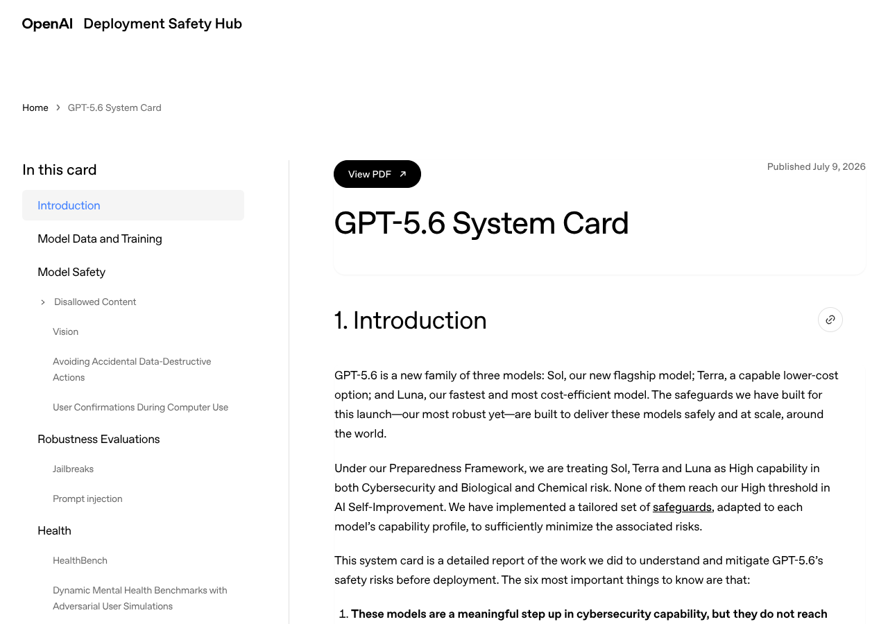 OpenAI GPT-5.6 System Card landing page on deploymentsafety.openai.com, dated July 9, 2026. Shows the introduction section for the three-model family: Sol (flagship), Terra (balanced), Luna (fast/affordable).