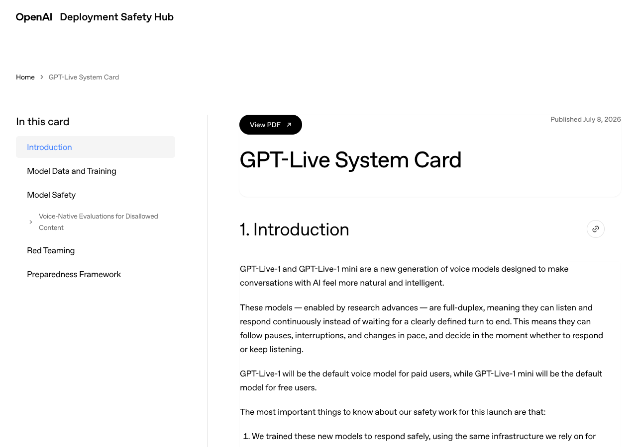 Screenshot of the OpenAI GPT-Live System Card landing page on deploymentsafety.openai.com (captured 2026-07-09), showing the 'Introduction' section header, the 'Published July 8, 2026' date stamp, and the opening paragraph that announces GPT-Live-1 and GPT-Live-1 mini as full-duplex voice models that can listen and respond continuously.