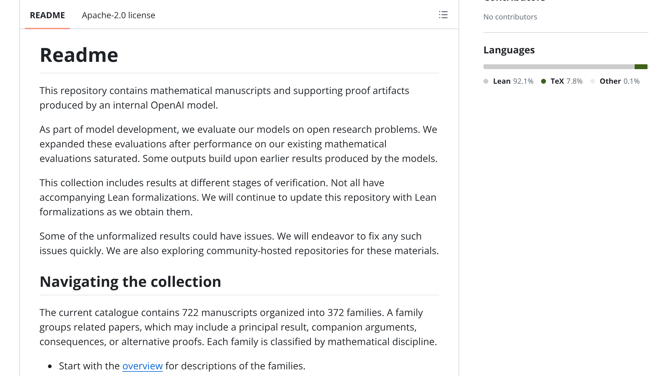 Screenshot of the openai/math GitHub repository README, showing that the collection contains 722 manuscripts organized into 372 result families, with the repository name and navigation section visible.