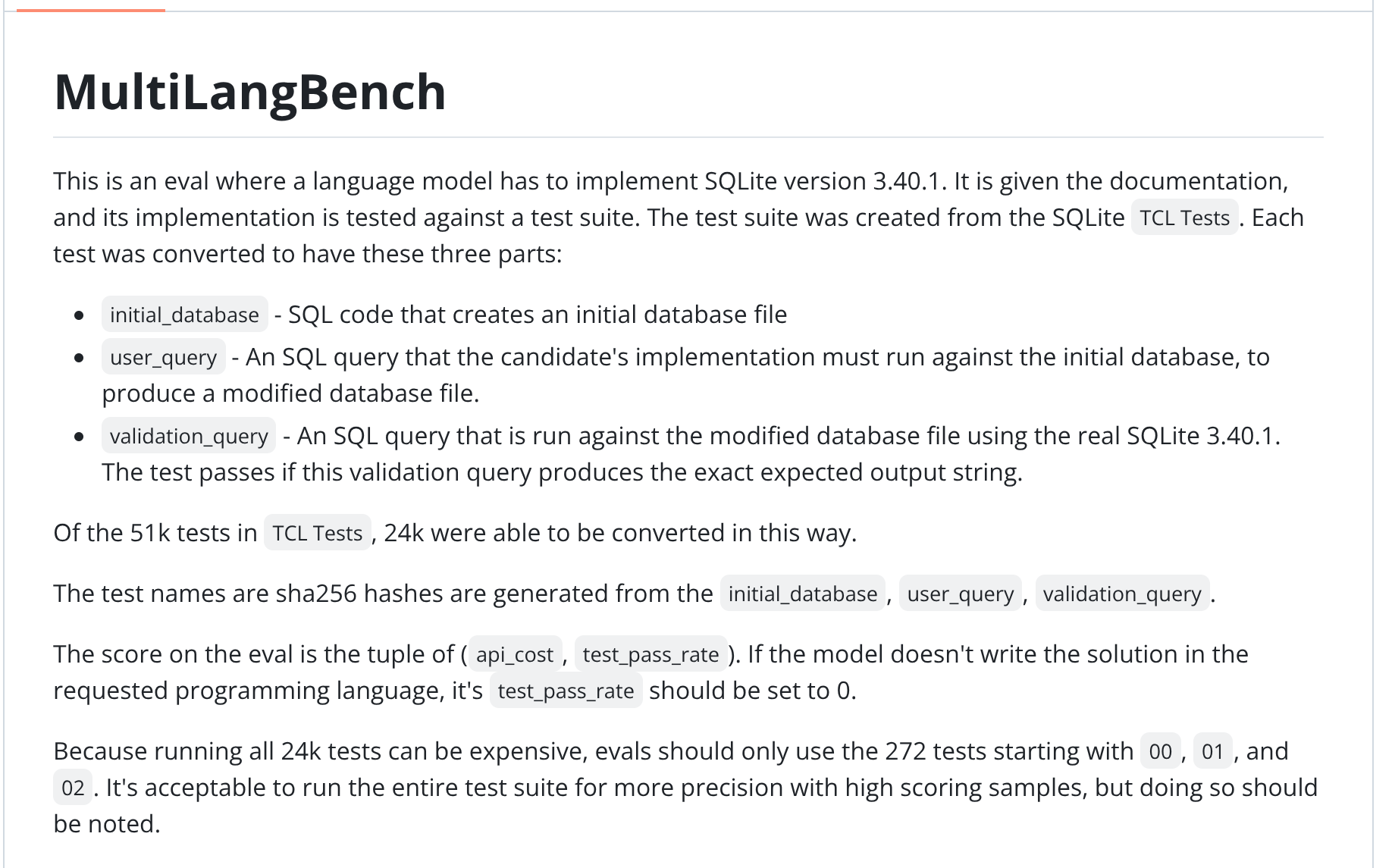 Screenshot of the OpenAI MultiLangBench README showing the initial_database, user_query, and validation_query test triple, the 51k-to-24k conversion count, and the recommendation to run the 272 tests starting with 00, 01, and 02.