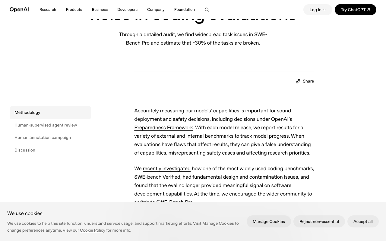 Screenshot of OpenAI's 'Separating signal from noise in coding evaluations' blog post with SWE-Bench Pro audit results and failure-mode analysis charts.