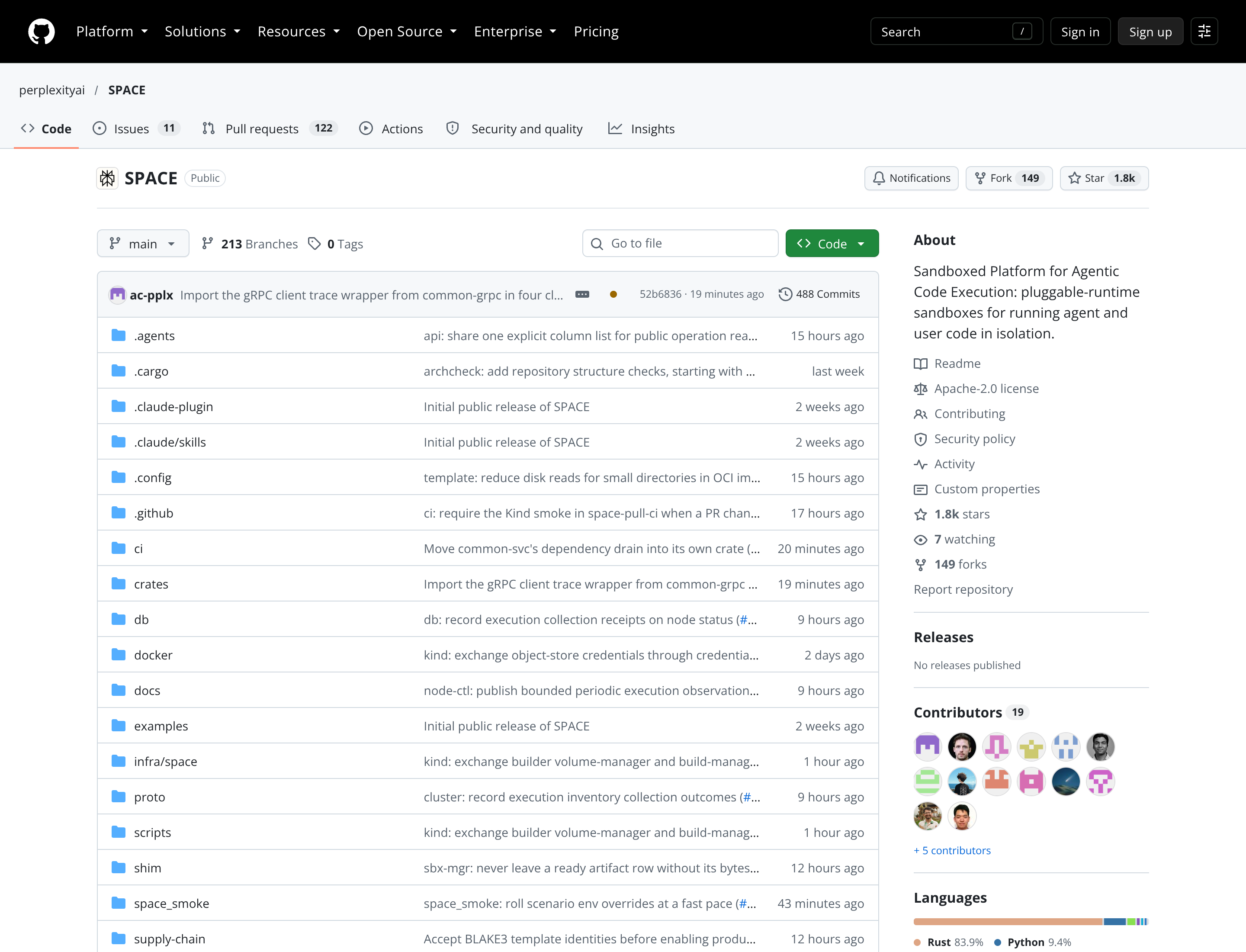 GitHub page for perplexityai/SPACE on 2026-10-21, showing Apache-2.0, 1.8k stars, 149 forks, 0 tags, and "No releases published."