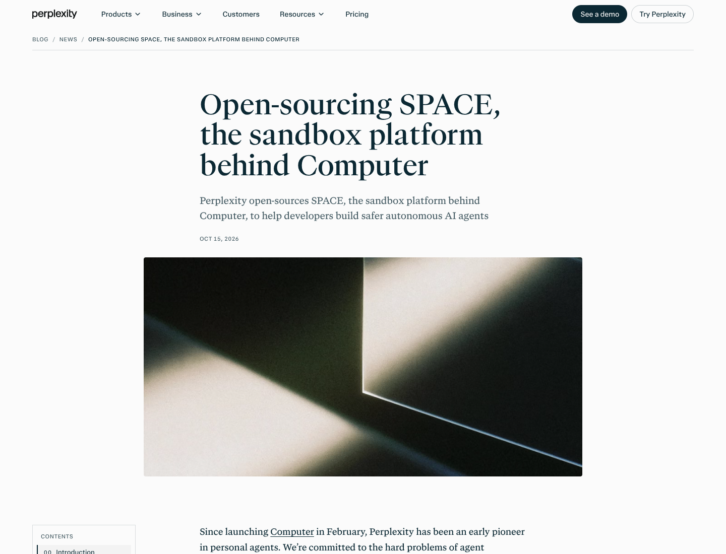 Screenshot of the Perplexity blog post 'Open-sourcing SPACE, the sandbox platform behind Computer', showing the three-line headline, the dek about safer autonomous AI agents, and the date OCT 15, 2026.