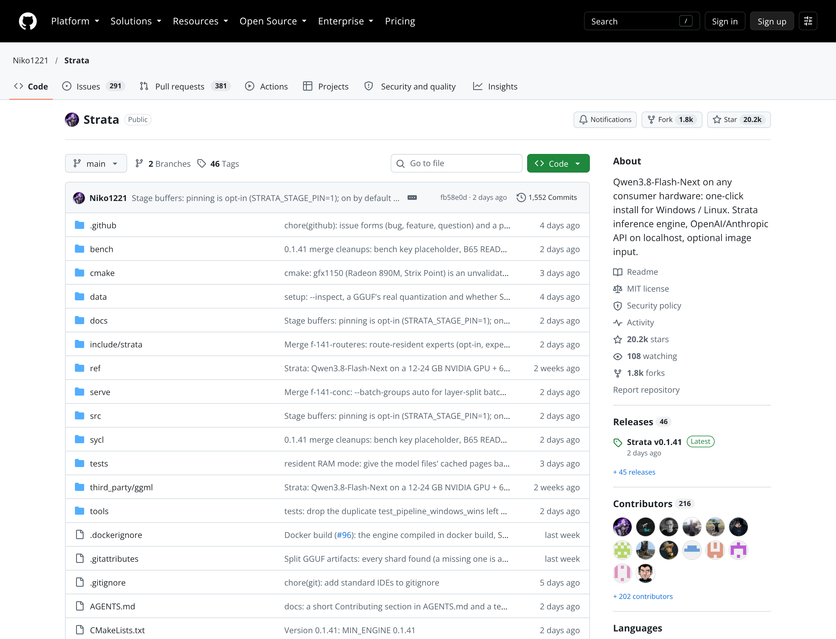 Screenshot of the Niko1221/Strata GitHub repository home page showing the project name and description, the 20.2k-star and 1.8k-fork counts, the MIT license, and the top of the repository file listing.